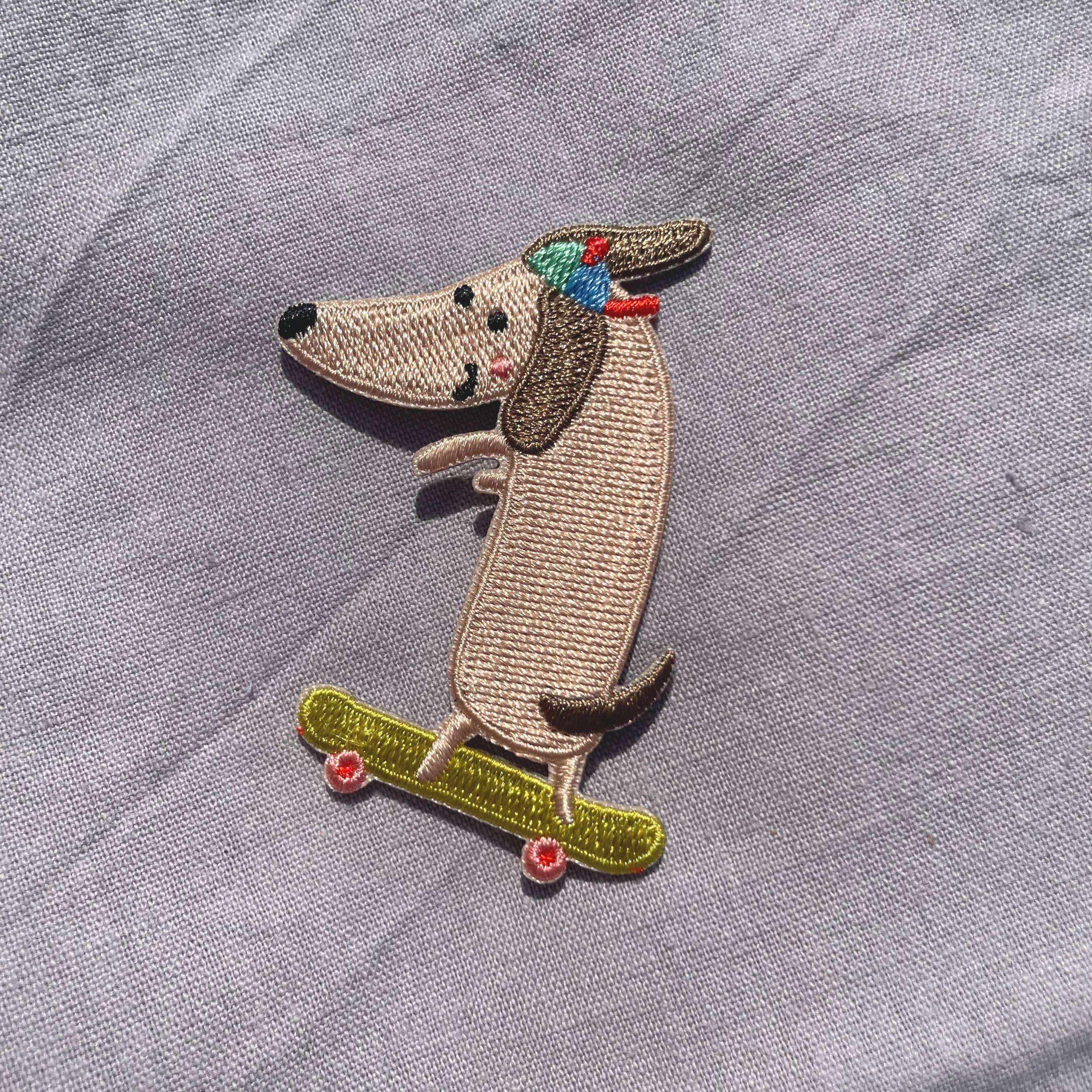 Teckel sur skateboard – Écusson thermocollant